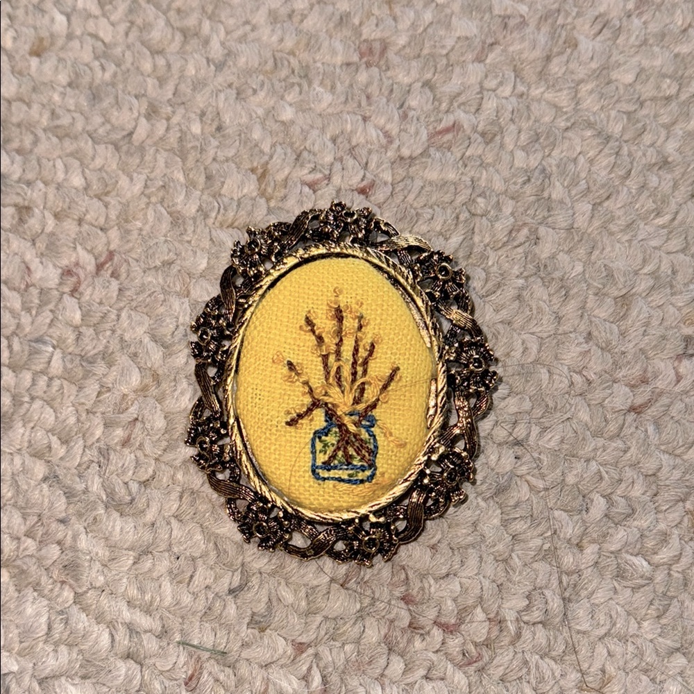 Vintage Floral Brooch with Yellow Flower Embroidery